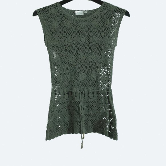 Blumind Grey green cotton crochet top tunic with waist tie size S - Picture 1 of 7
